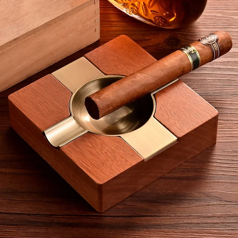 Cenicero para Cigarros de Madera Maciza Merbau y Aleación, con 2 Ranuras, Gran Diámetro, para Tabaco y Cigarrillos, con Caja de Regalo