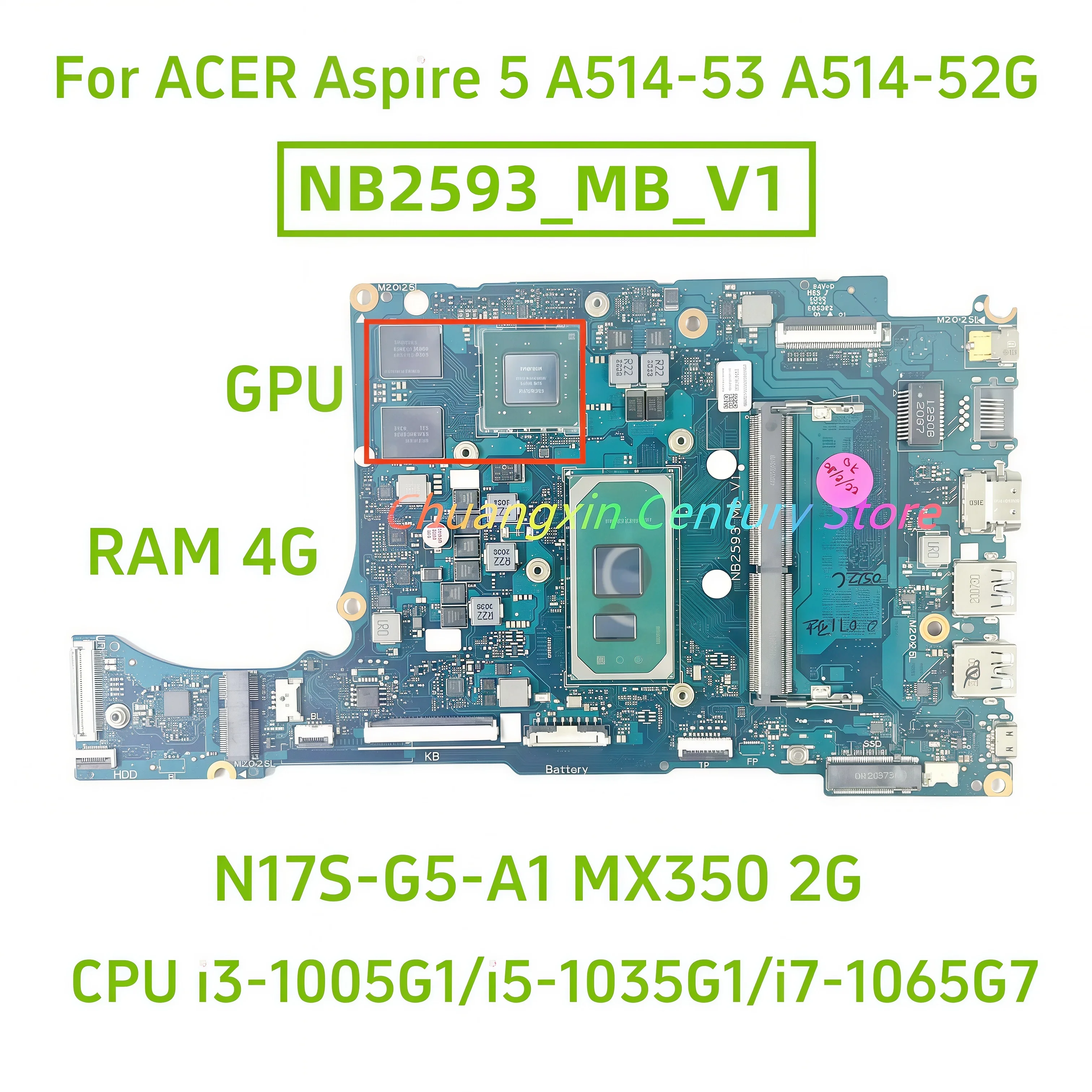 

NB2593-MB-V1 For ACER Aspire 5 A514-53 A514-52G laptop motherboard with I3 I5 I7-10TH CPU 4GB RAM MX350 2G 100% tested
