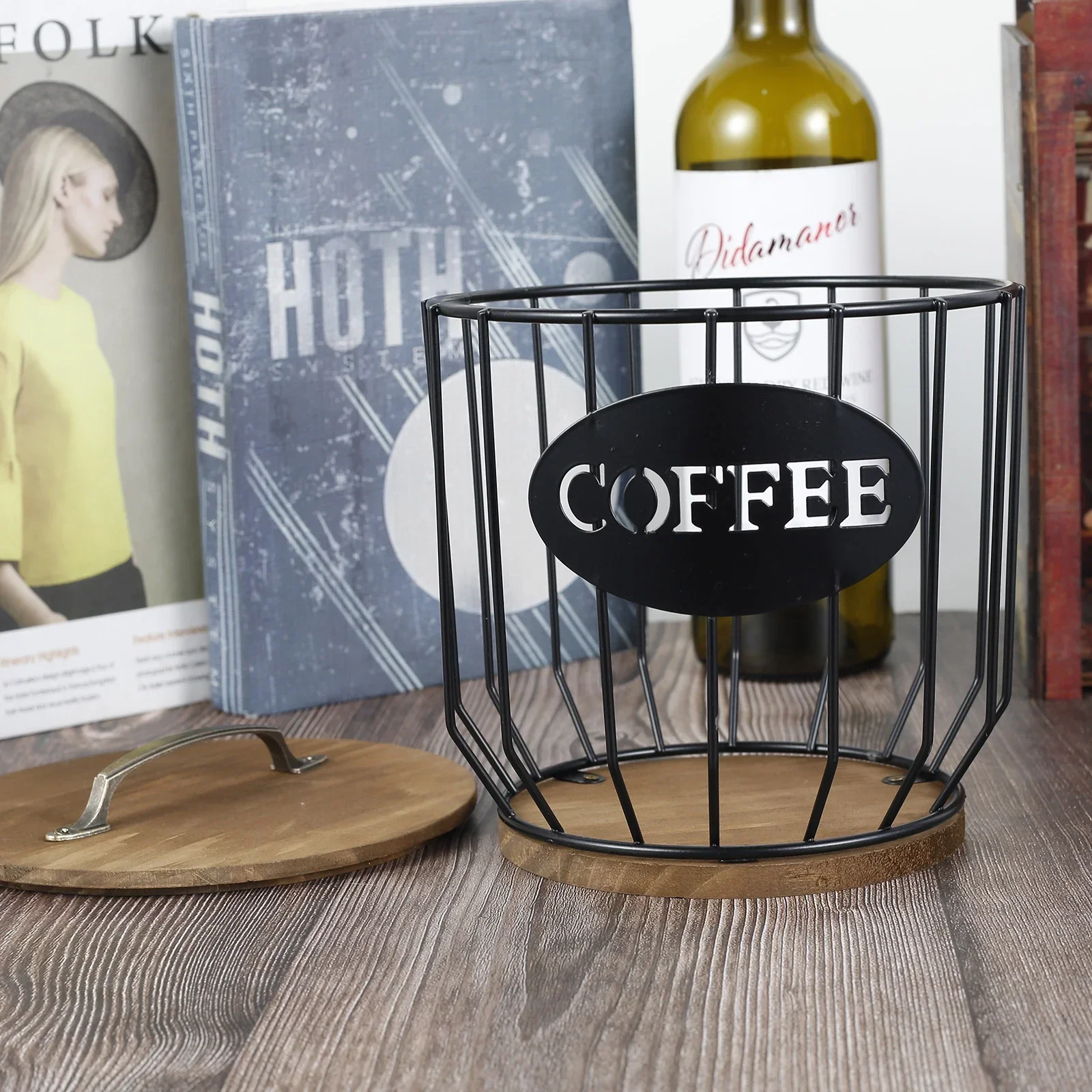 

Vintage Coffee Capsule Storage Basket with Wooden Base Large Capacity Reusable Household Coffee Pod Organizer Holder New