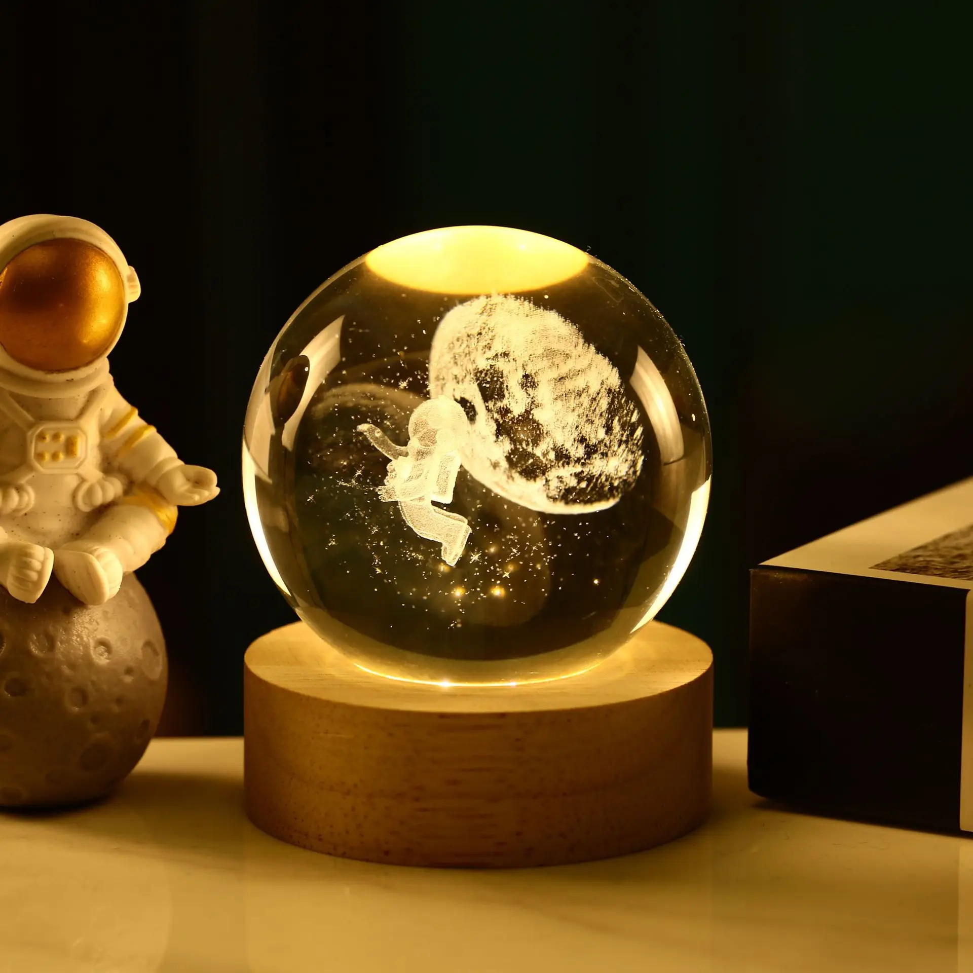 Crystal Ball with Light Base Emitting 3D Internal Carved Night Light Tabletop Decoration with Warm White Light