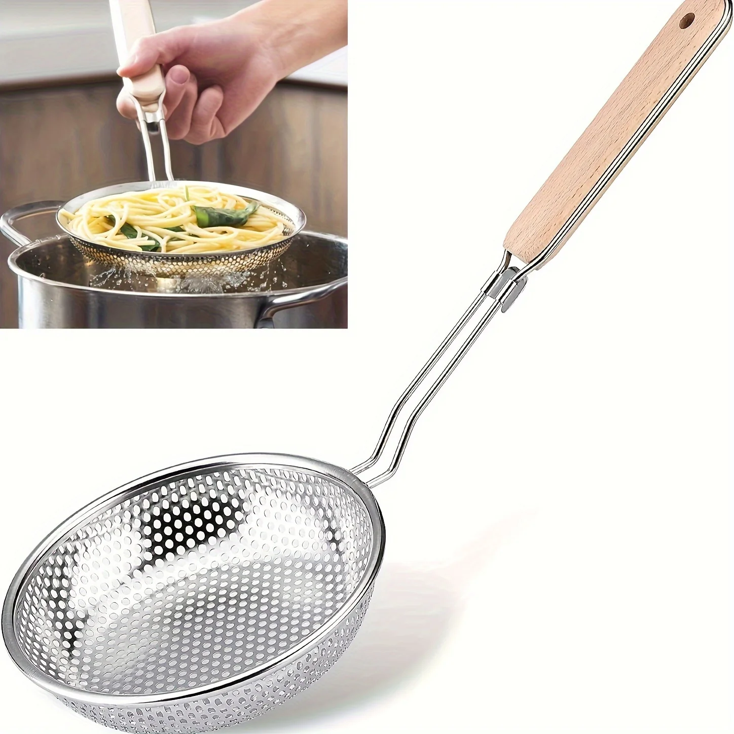Colador de acero inoxidable con mango de madera, cuchara espumadera de malla para cocinar, preparación de alimentos, filtrado de grasa, perfecto para la cocina casera