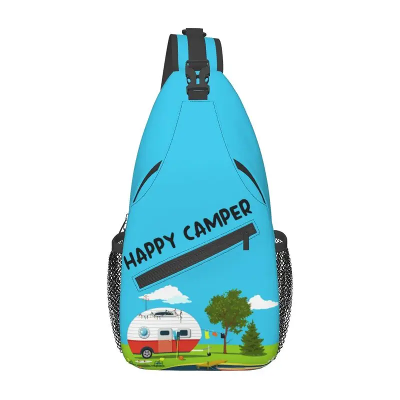 Mochila cruzada Happy Camper para hombre, bolsos de pecho de hombro para acampar, viaje y ciclismo