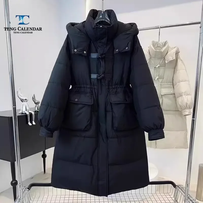 Women's Bull Horn Button Down Jacket, Thick Hooded Jacket, Cinched Waist Jacket, Large Pocket Jacket, High-End Fashion, Winter,