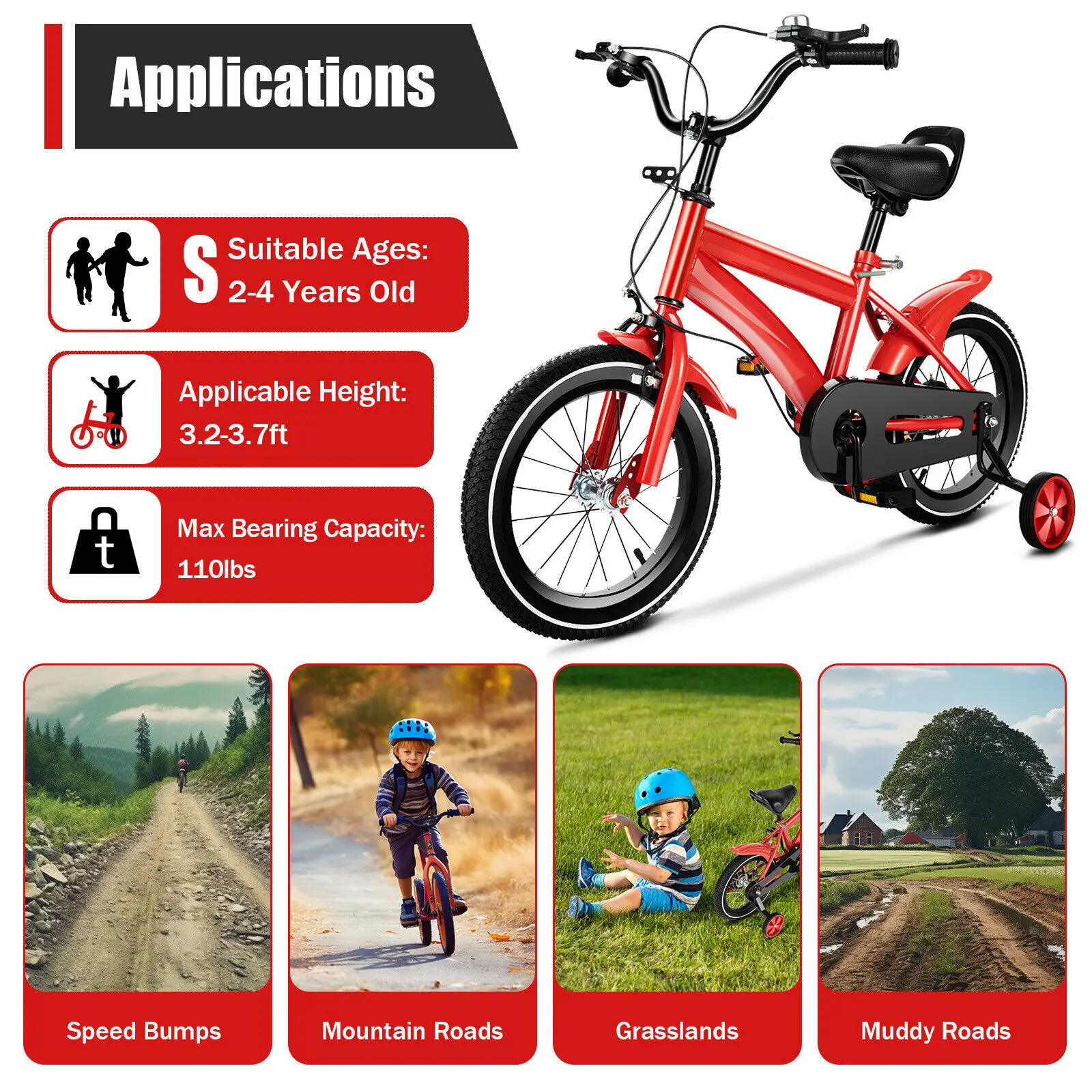 

14 Inch Children's Bicycle for Ages 2-6 Years Boys &Girls, Children's Bicycle with Stabilisers, Bicycle for Children, Adjustable