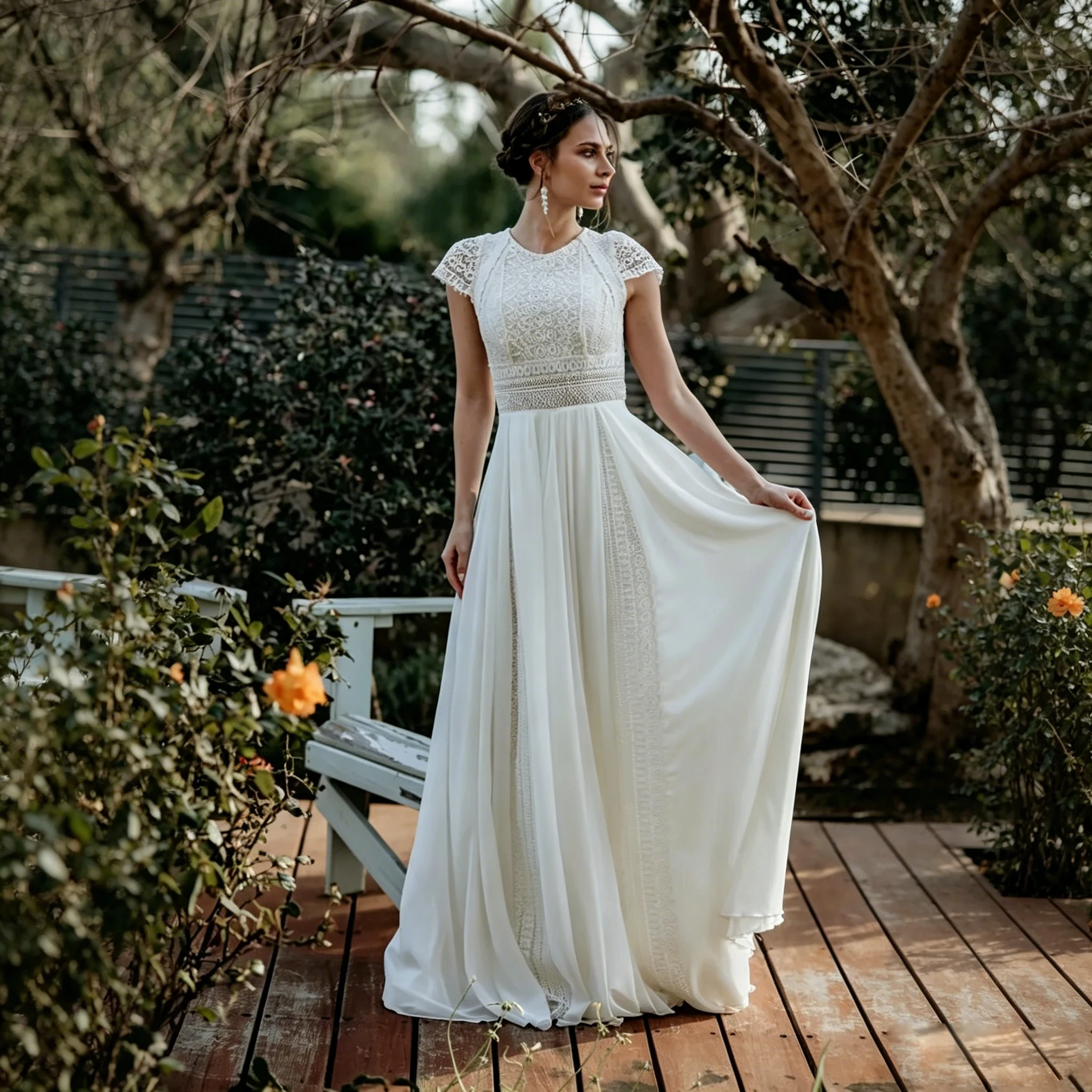 Vintage Boho Lace Chiffon Beach Wedding Dress Cap Sleeve O Neck Flowy A Line Long Bridal Dress Back Keyhole Civil Ceremony Gown image 4