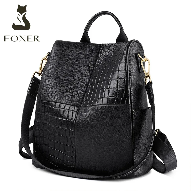 FOXER Women\'s Backpack Large Capacity Travel Rucksack Ladies Soft Split Leather Business Satchel Female Casual Shoulder Bags