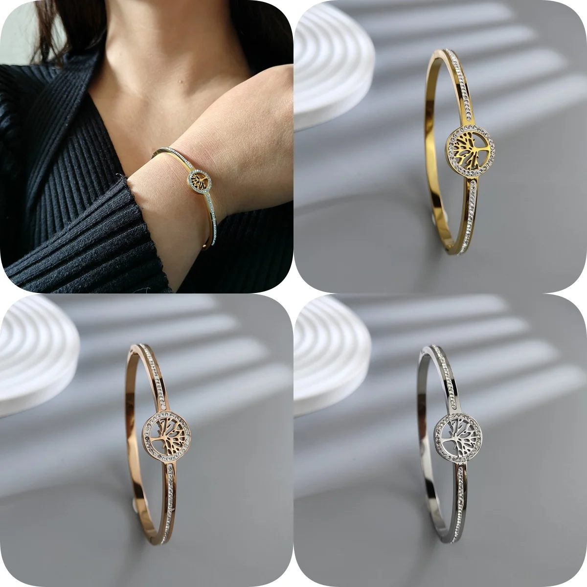 

Tree of Life bracelet 18K gold with diamond titanium steel hand jewelry lucky tree personalized fashion ladies jewelry