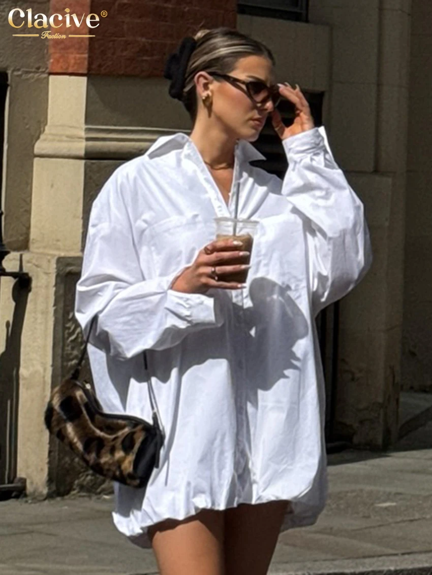 

Clacive Fashion Loose White Cotton Women's Dress 2025 Casual Lapel Long Sleeve Mini Dresses Elegant Classic Solid Female Dress