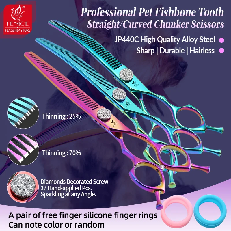 

Fenice 7.25 Inch Professional JP440C Brilliant Diamonds Screw Curved Chunker Scissors Thinning 70% Pet Grooming Shears for Dogs