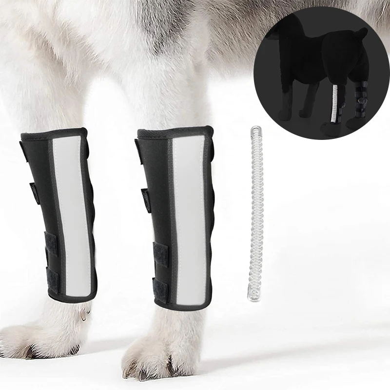 Dog Canine Front Leg Brace Wrap Pair of Pet Leg Compression Sleeve Wrap with Metal Strip Reflective Straps Support Rod