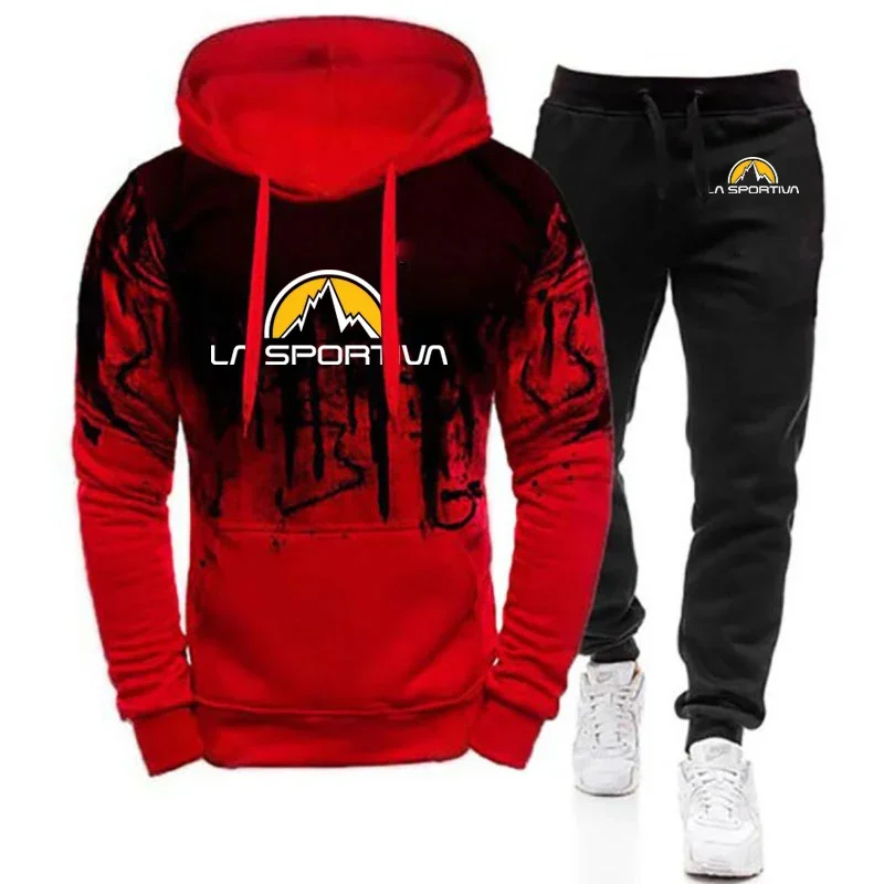 2024 Men New La Sportiva Fashion Print Hooded Hoodie Sweatpants Comfortable Tops+Trouser Sport Gradient Two Pieces Suits Clothe