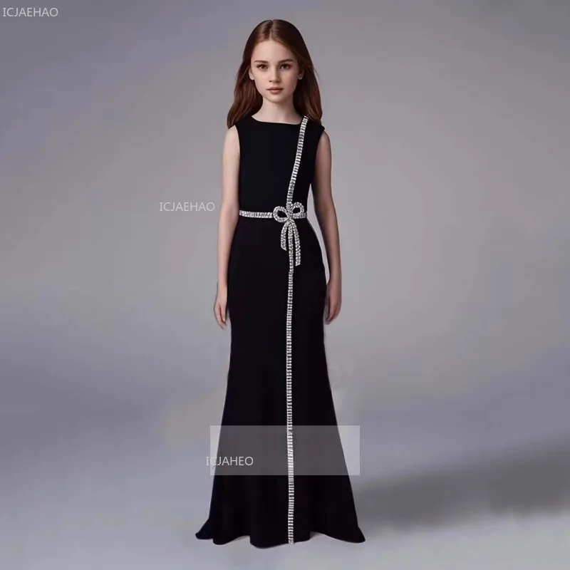 Girls Black Evening Dress Children Birthday Party Pageant Model Runway Kids Host Formal Wear Clothes Gown for Piano Performance