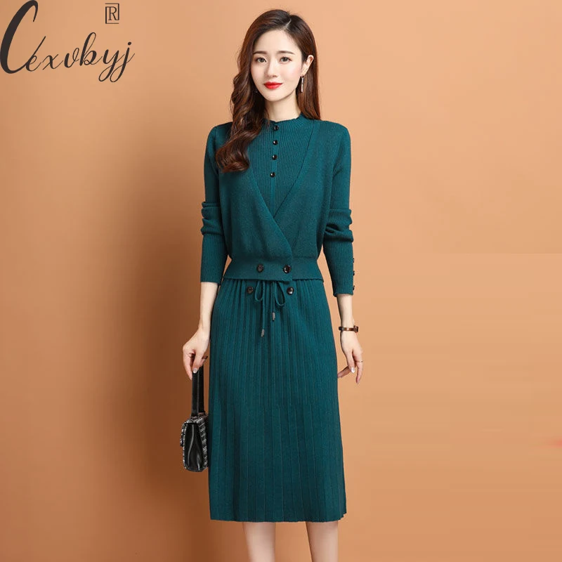 

Fake Two Peice Knitted Dress Women Solid Colors Half High Collar Design Sweater Dress Plus Size Lace Up Waist Elegant Vestidos