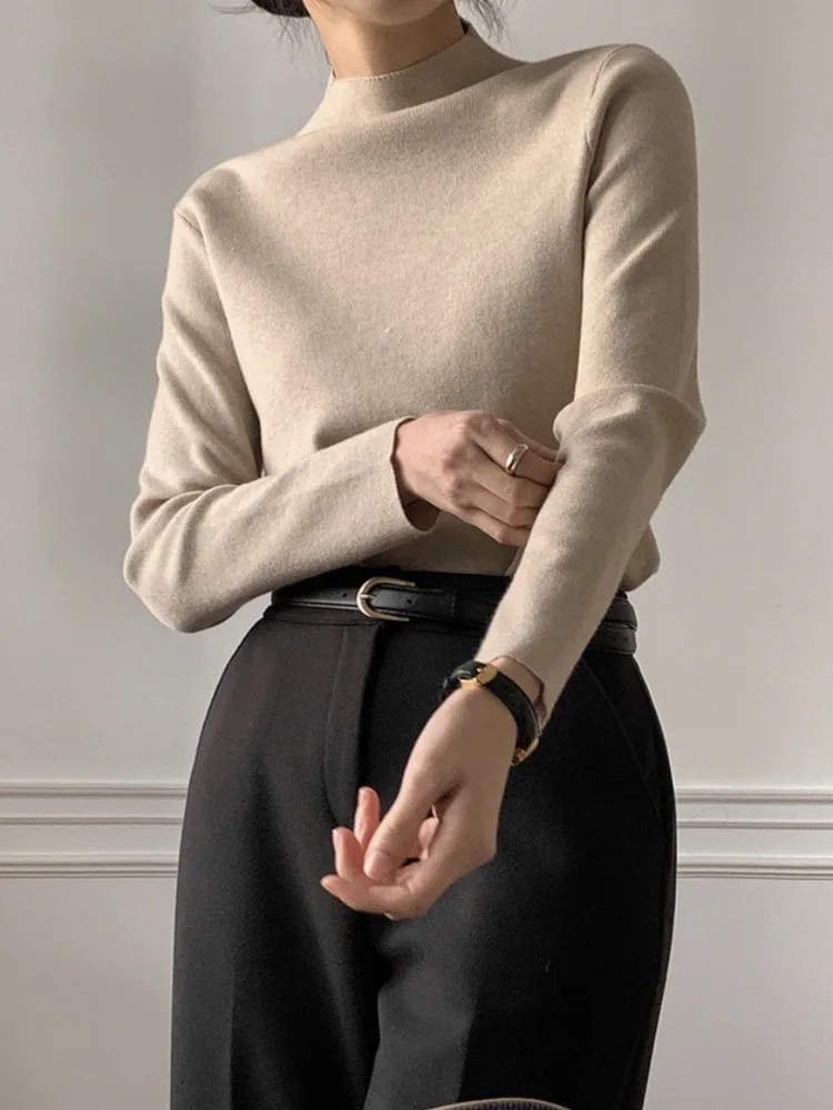 

Вязаный шерстяной свитер Olive een Sl для женщин, осенне-зимний, с высоким воротником, базовый топ премиум-класса, средний воротник