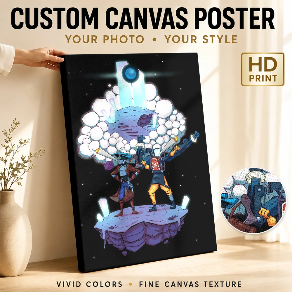 Stylized Sci-Fi Characters On Floating Island Canvas Poster Customized Photo Gaming Anime Wall Paintings Decoration for Bedroom