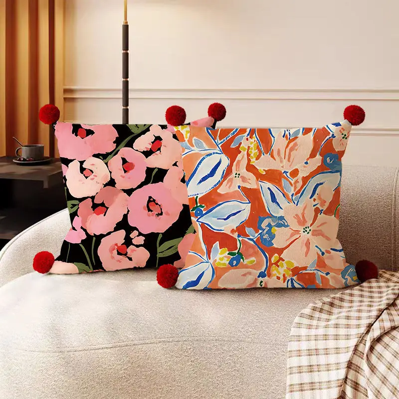 vintage colorful flowers printed cushion cover short velvet pillowcase with hair balls