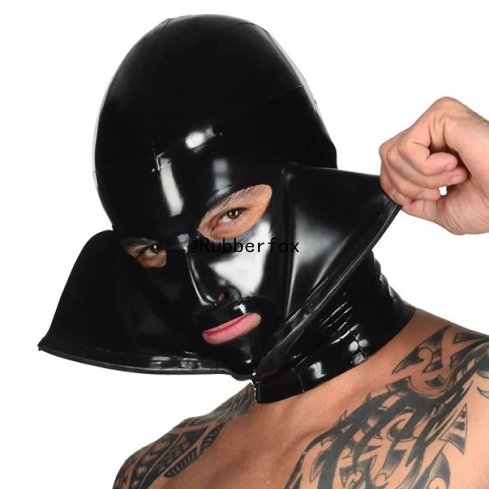 

Черная двойная маска унисекс по индивидуальному заказу, латексные капюшоны, персонализированный реквизит для косплея, вечерние резиновые комбинезоны, боди, маска