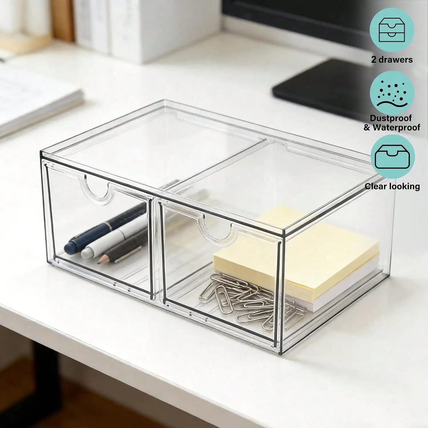 16 Drawers Acrylic Makeup Organizer, 4 Set Clear Desk Storage Drawers, Dustproof Desktop Organizer for Office Supplies, Jewelry, Pens & Cosmetics, Countertop