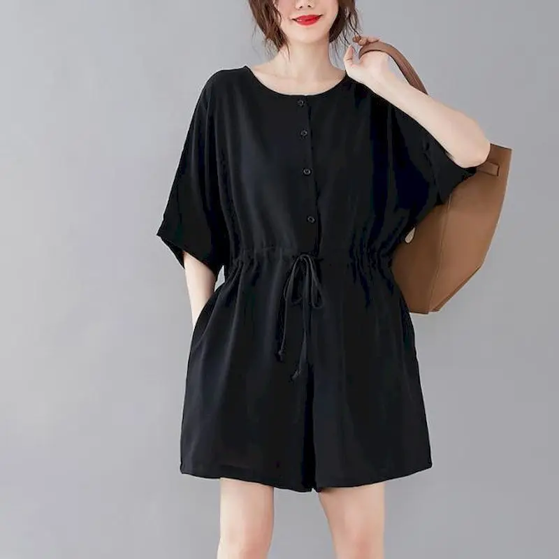 2024 Summer Black Jumpsuit Women Fashion Trend Oversized Chiffon Shirt Short Sleeve Wide-leg Jumpsuit Womens Jumpsuits Rompers