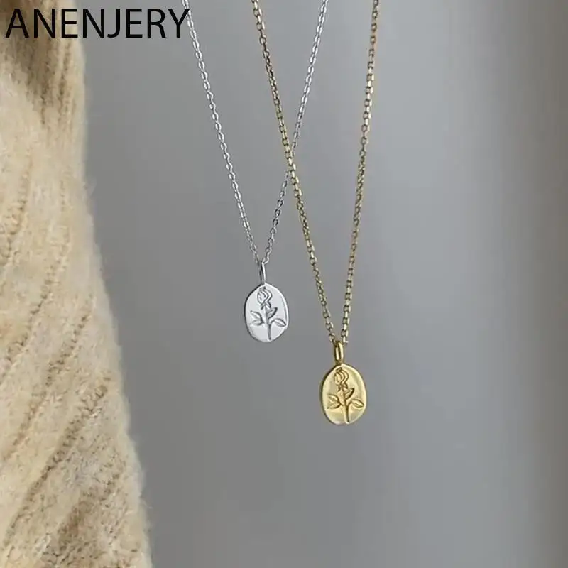 ANENJERY Rose Flower Oval Brand Necklace For Women Exquisite Sweater Chain French Accessories