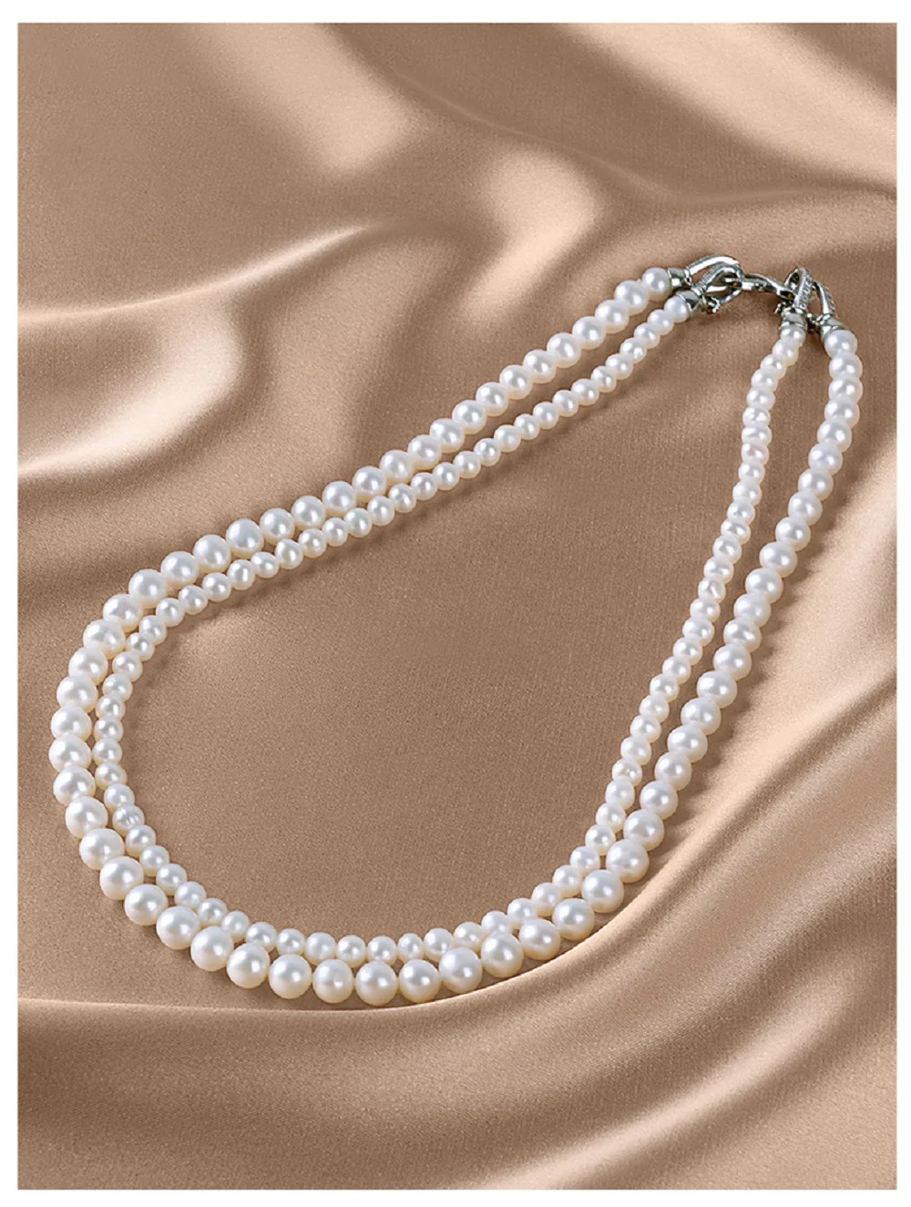 

Double layernecklace AAAA 5-6+8-9mm natural white round pearl necklace 925s, 42cm-45cm, contact customer service for other sizes