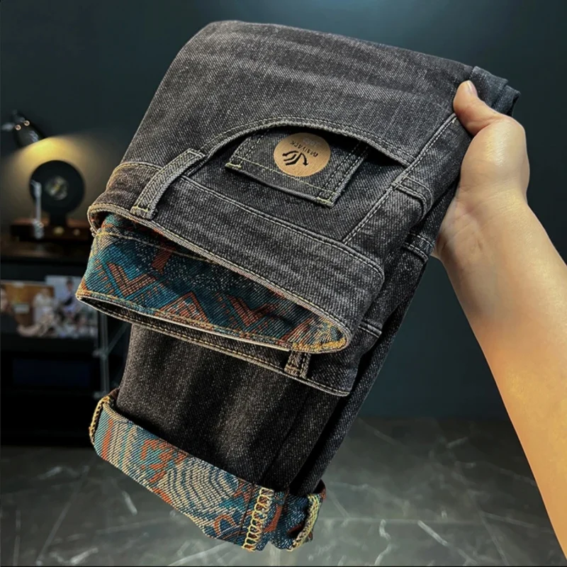 

Retro ethnic style printed design jeans for men, 2026 autumn new men's clothing, slim fit trend casual pants
