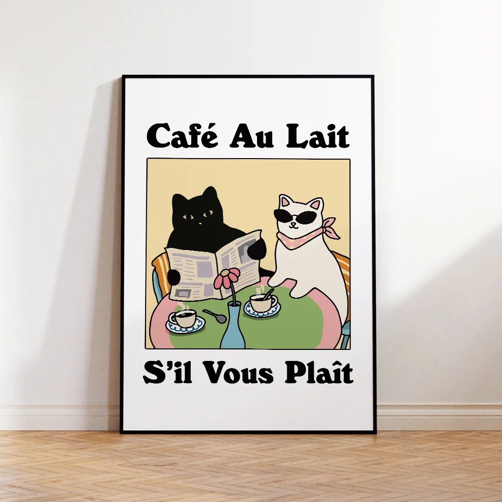 Retro Drink French Cafe Au lait Cat Bistro Coffee Wall Art Prints Canvas Painting Poster Pictures For Kitchen Room Home Decor