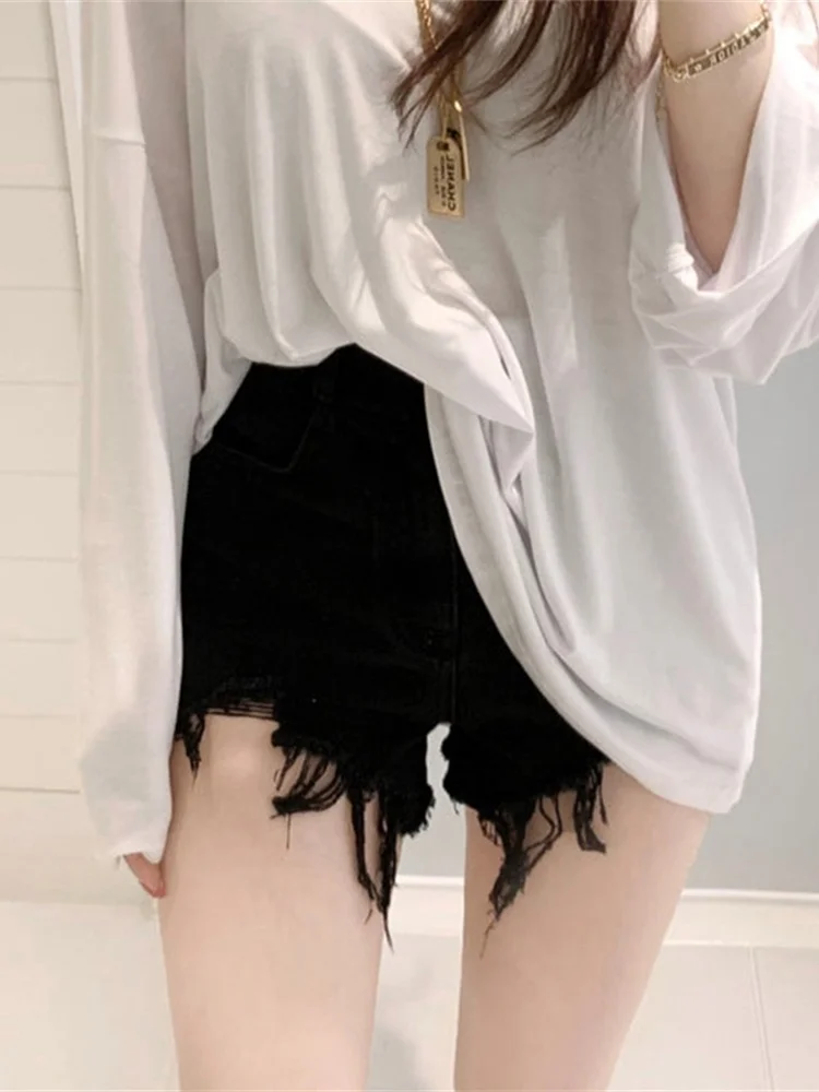 WOMENGAGA 2021 New Korean High Waist Thin Drawing Hole Tassel Solid Color Denim Shorts Trend Women Hot Sexy Black Shorts N9O3