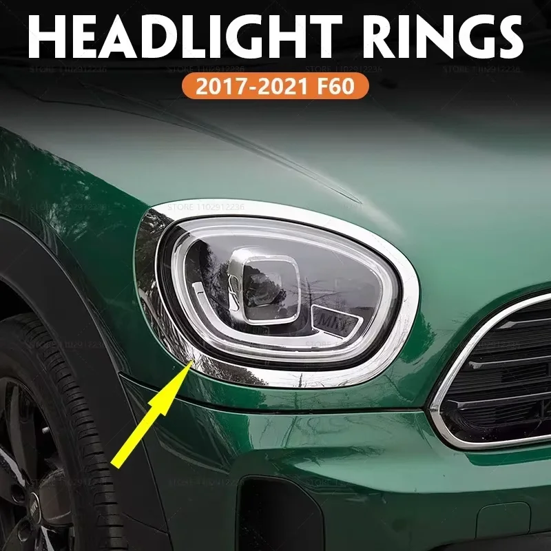 mini-f60（2017-2021年式）用、クーパー・カントリーマン用。品番：51137388117、51137388118、51138739351、51138739。クローム製ヘッドライトトリムカバーリング。