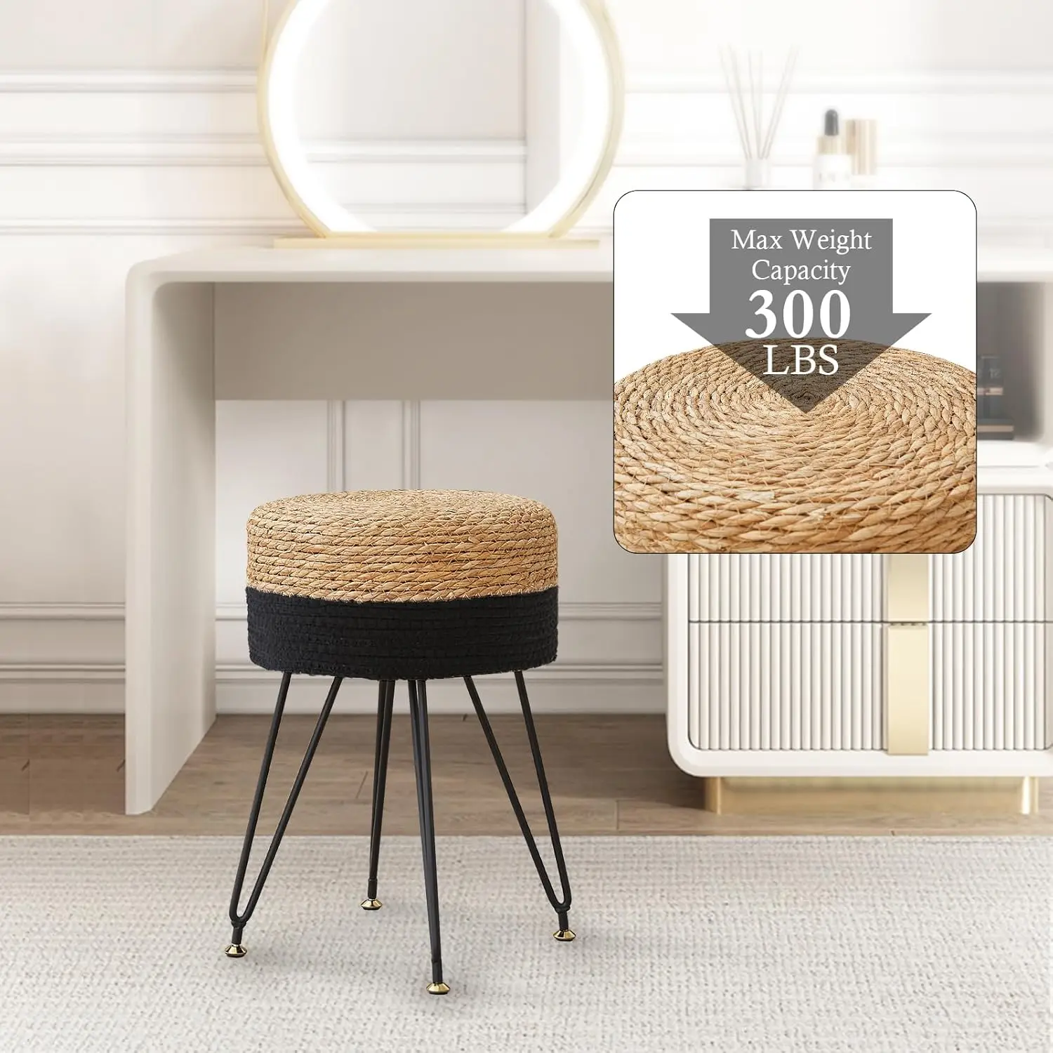 

Vanity Makeup Stool, Hand Weave Natural Seagrass Footstool Ottoman, Modern Multifunctional Vanity Stools Chair, Foot Rest