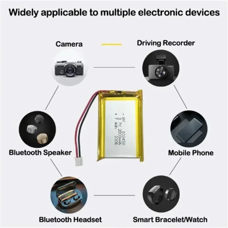 103450 3.7V 2000mAh Polymer Lithium Rechargeable Battery jst PH 2.0mm 2pin plug for Camera GPS navigator MP5 Bluetooth Headset