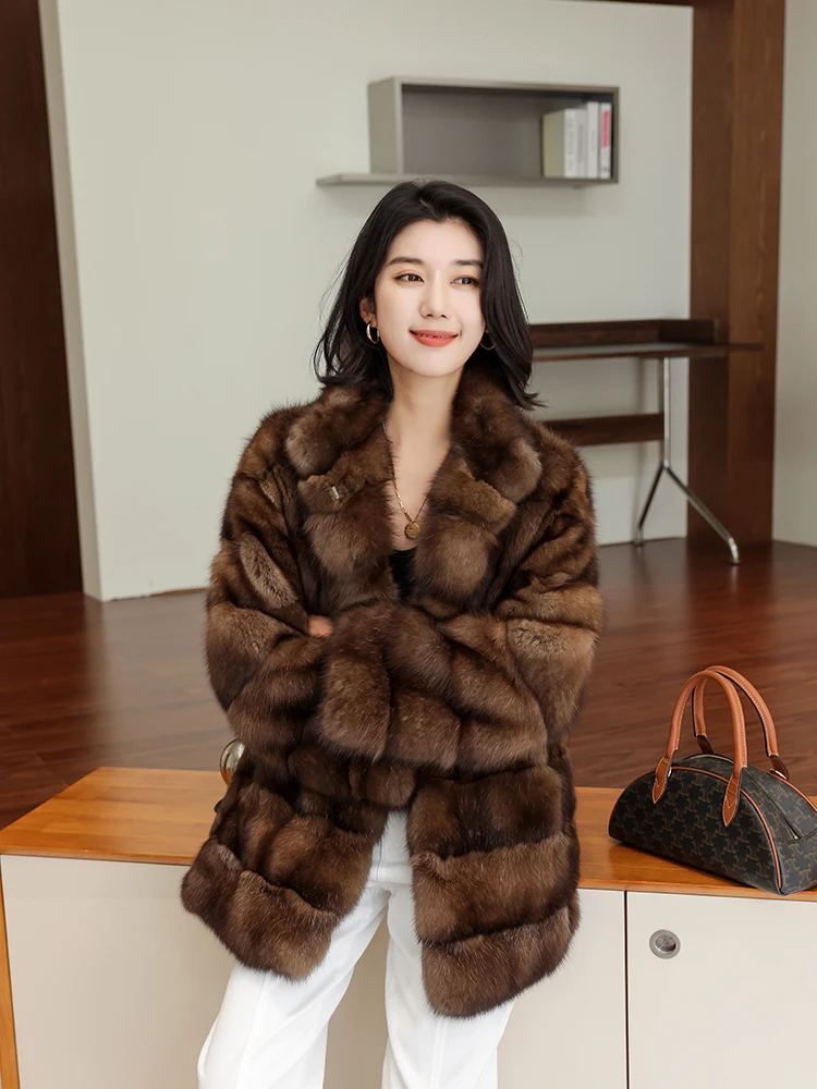 Fur Coat for Women Dark Coffee Color  Overcoats Stand Collar Mink Fur Retro Casual Fashion Loose Straight Thick Warm Winter 1Pc