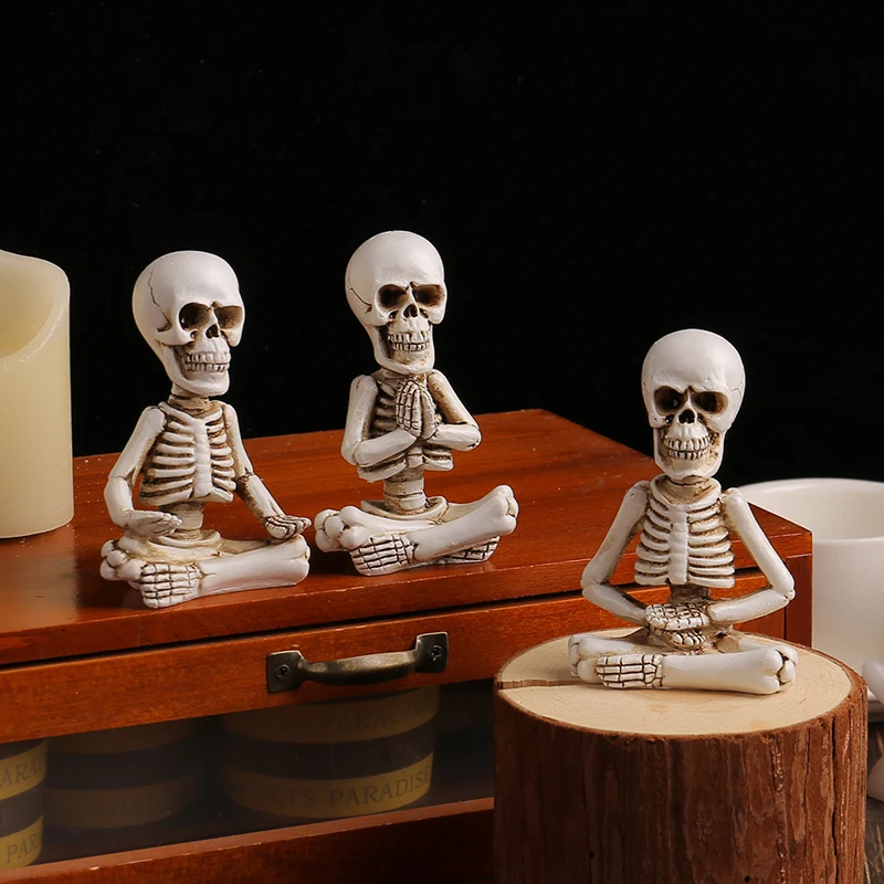 3Pcs Halloween Yoga Skeleton Figurine Sitting Prayer Skeleton Resin Statue Home Desktop Meditation Decoration For Festival Party