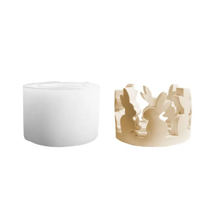 

HLZS-Easter Holder Cute Bunny Hollow House Tealight Candlestick Silicone Mold Concrete Gypsum Resin Molds