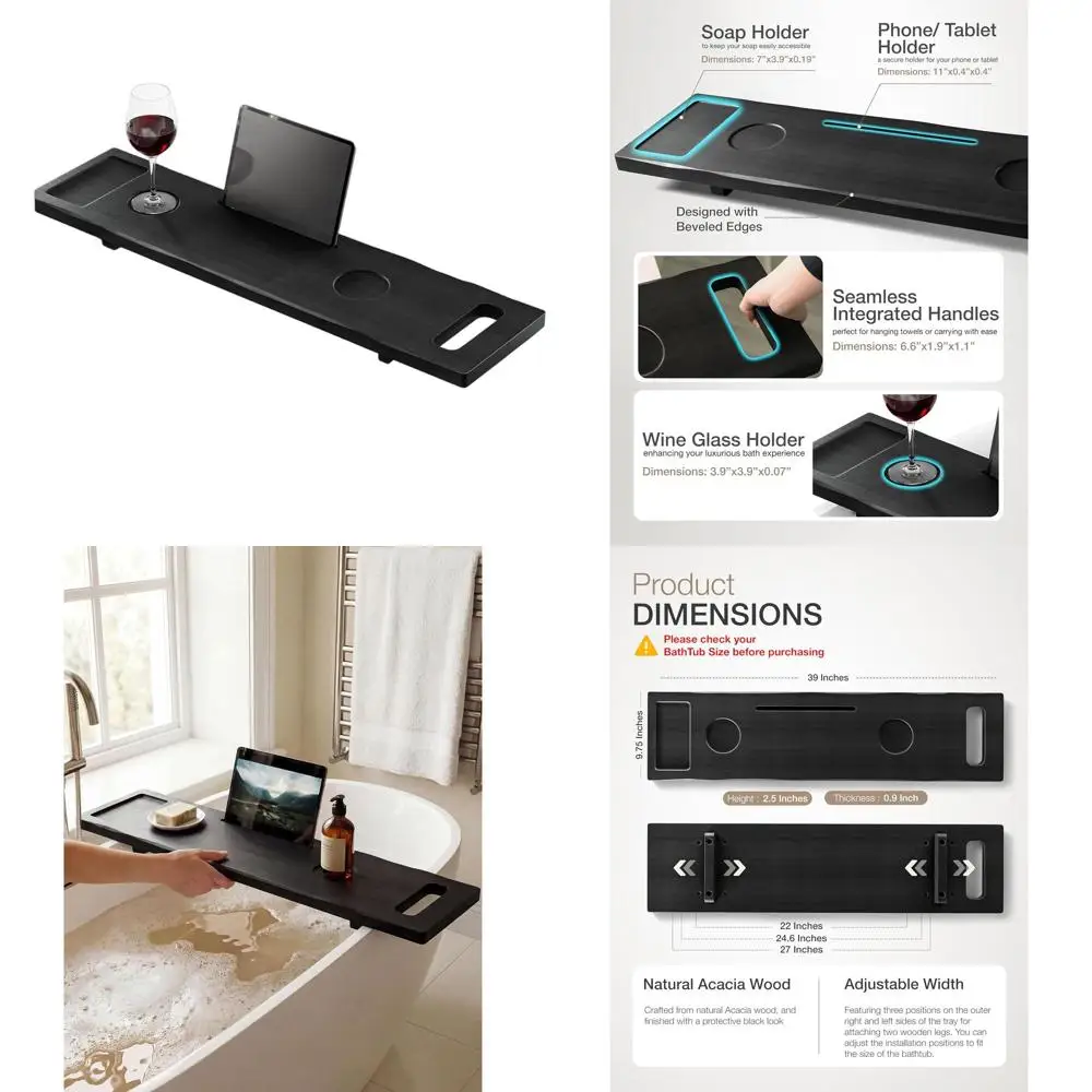 

Большой деревянный поднос-органайзер для ванны 39x9.8 дюймов с защитой от опрокидывания | Устойчивый поддон для ванны для хранения аксессуаров (черный)