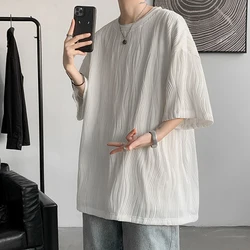 Ice Silk Short Sleeve Men Oversized Sweatshirt Fashion Drape Pleated Harajuku Casual All-match High Street Clothing Black White