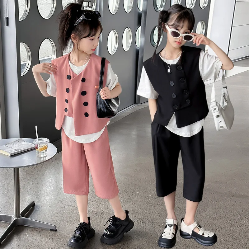 

Summer Fashion junior clothes sets Double breasted Vest coat+t-shirt+shorts 3pcs teen kids suit child outfits 120-170 ensemble