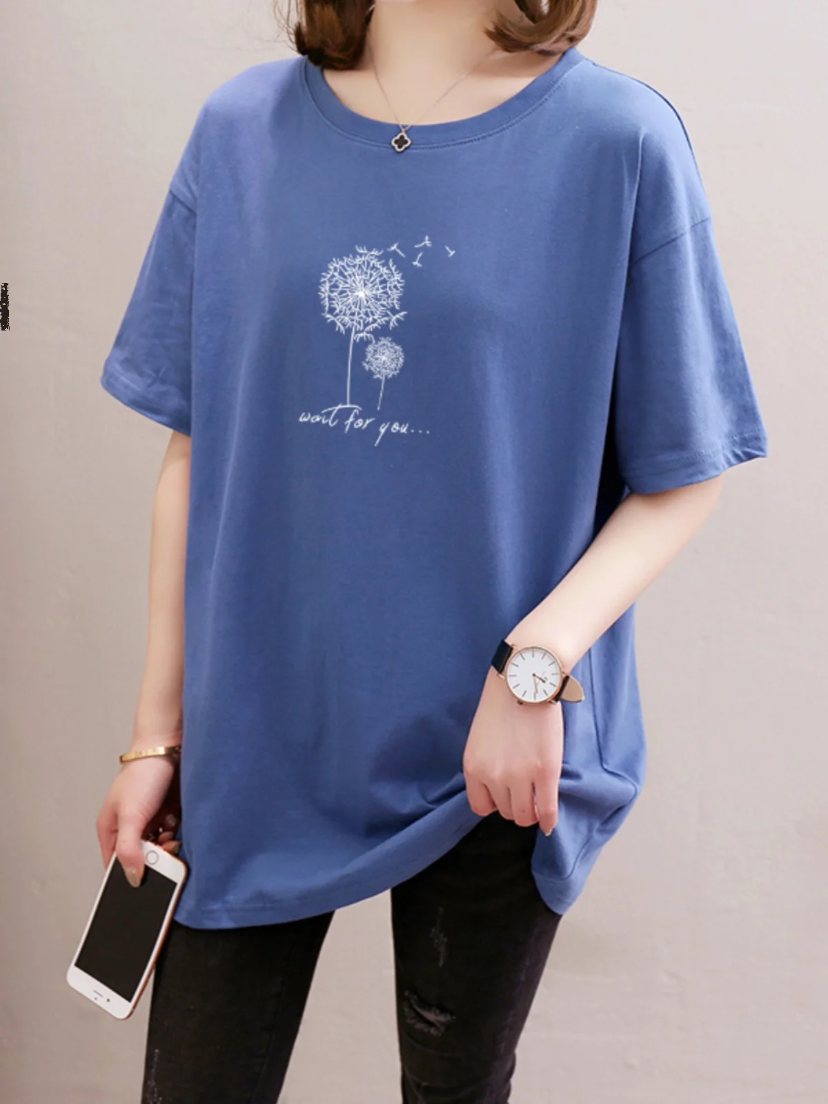 

Свободная женская футболка средней длины с коротким рукавом, летняя новинка, скрывающая живот, больших размеров, с круглым вырезом, из смесового хлопка