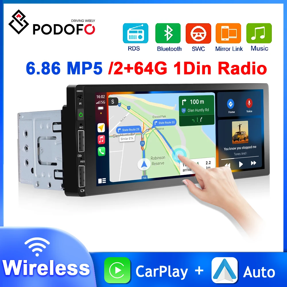 Podofo 1 Din Android Car Radio Carplay Android Auto 1Din MP5/2+64G Car Stereo Bluetooth Player 6.86'' Car Intelligent Systems