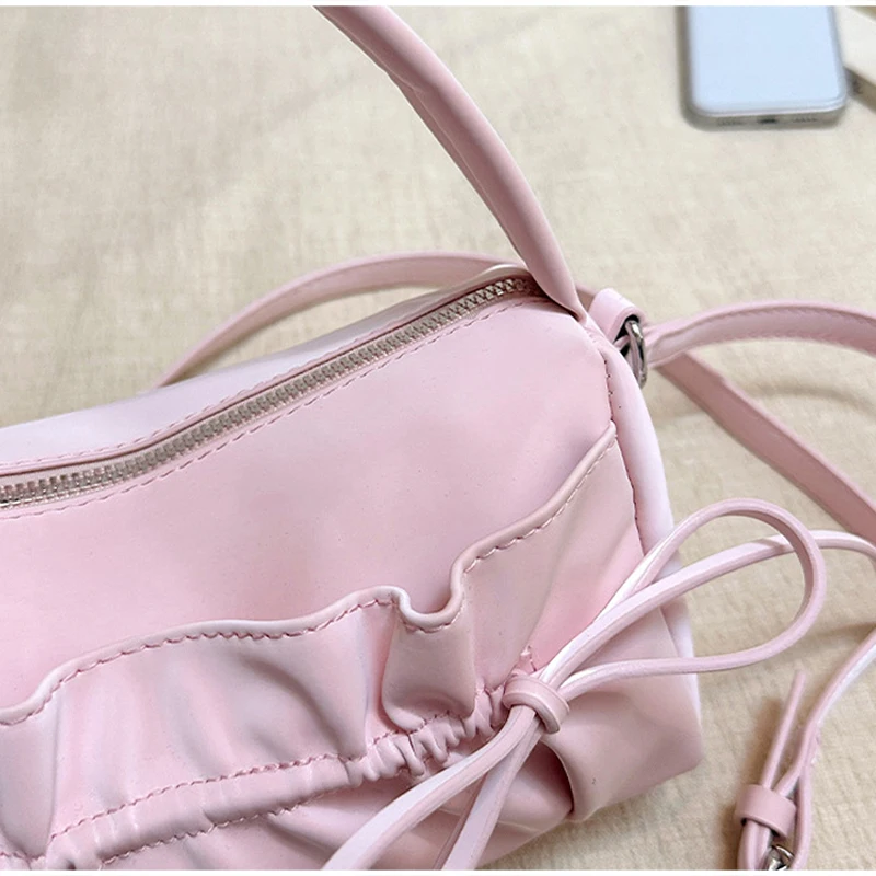 Schicke Umhängetasche mit Schleife und plissiertem Kordelzug, zylindrische Handtasche, Damen-Kissentasche mit abnehmbarem Riemen, Reißverschluss oben – Detail 5