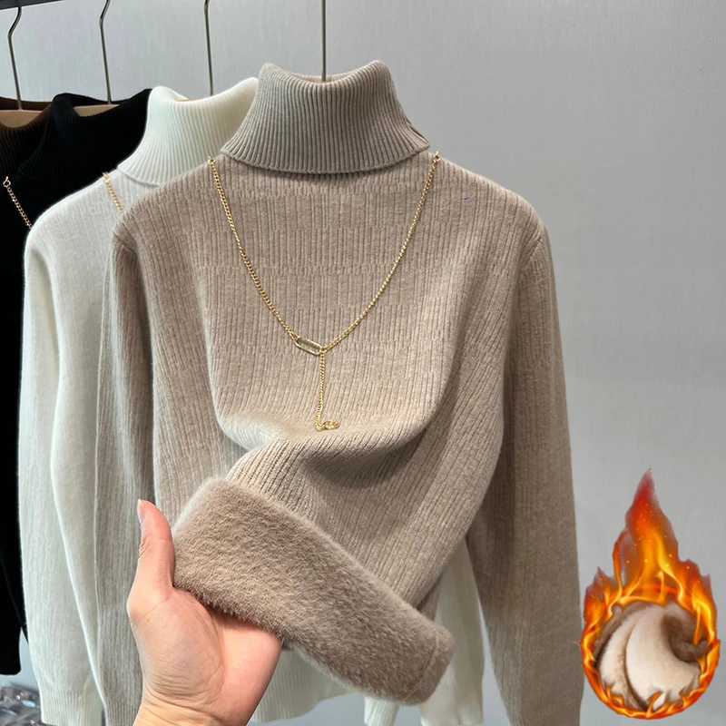 Pullover Für Frauen Winter Verdicken Rollkragen Schlank Stricken Pullover Neue Warme Plüsch Samt Gefüttert Strickwaren Jumper Tops Casual Poleras