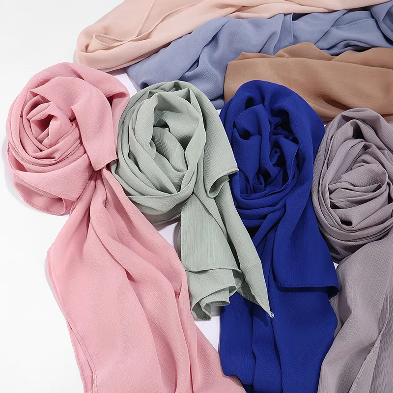 Muçulmano Crinkle Chiffon Hijabs para Mulheres, Turbante Ramadã, Lenço Plissado, Xales Longos, Envoltório de Cabeça, Liso, Islã