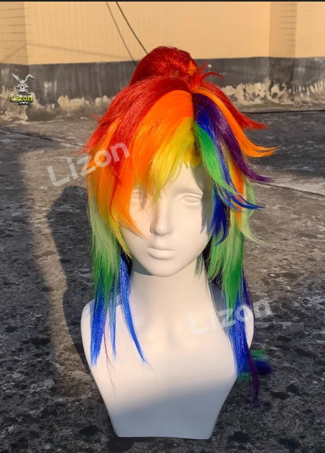 Rainbow Dash Little Pony Anime Cosplay Prop Rainbow High Ponytail Wig Cute Girl Hair Women Halloween Comic Roleplay