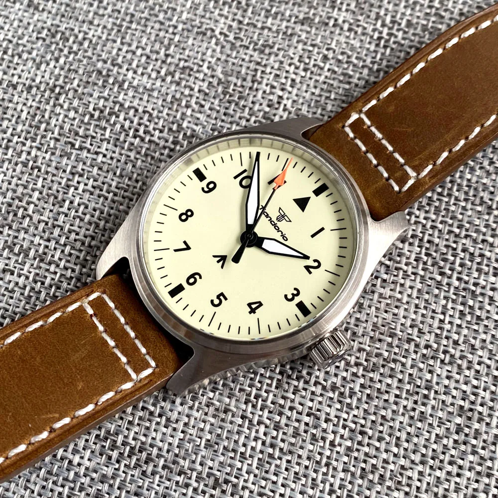 Tandorio 39mm Pilot 200M Automatic Watch Men Beige Full Green Lume Dial NH35A PT5000 Sapphire Crystal Screw Crown Leather