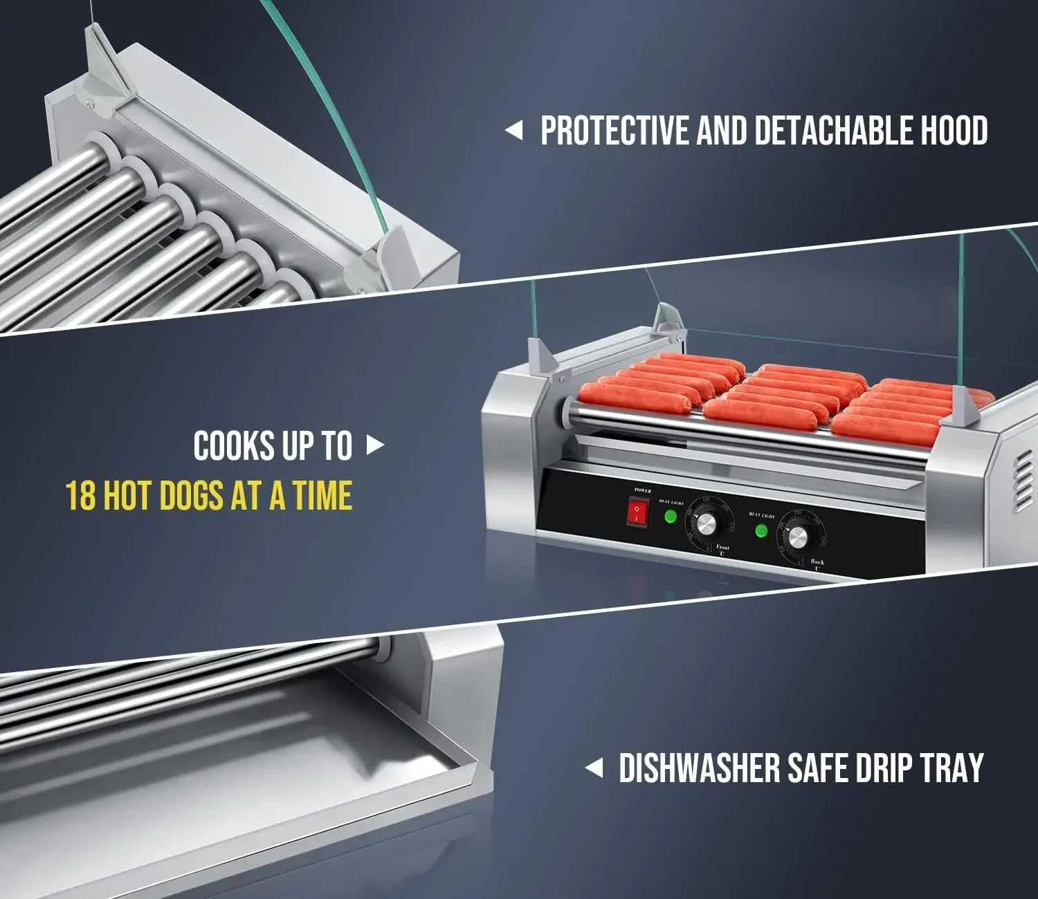 Hot Dog Roller, 18 Hot Dog Capacity | Non-stick Stainless Steel Rollers, Detachable Glass Cover, 1000-Watts, ETL Certified