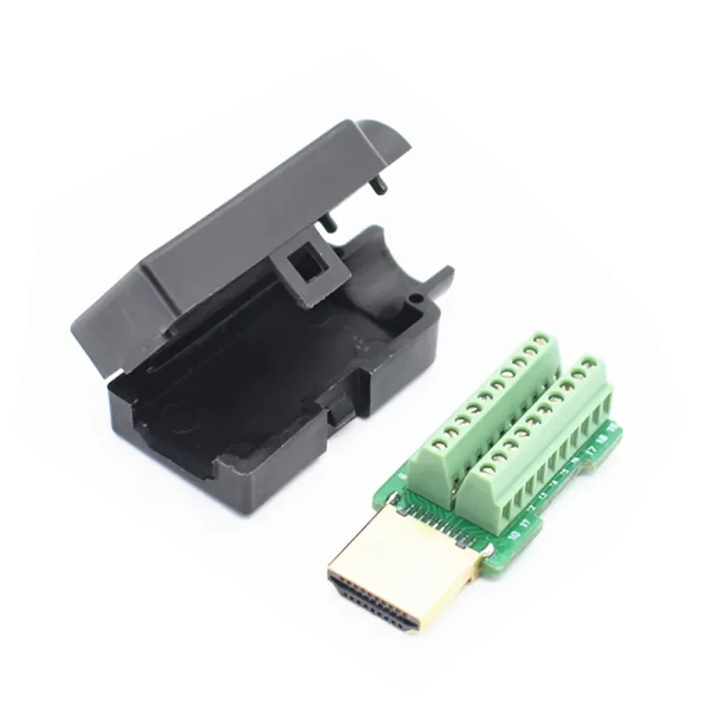Terminais HDMI macho Plug Breakout, conector Solderless com tampa preta, 19P
