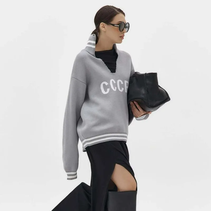 

Autumn V-neck Sweater For Women's Patch Letters Personalized Street Top Loose Casual Pullover Long Sleeve Knitted Women Sweater