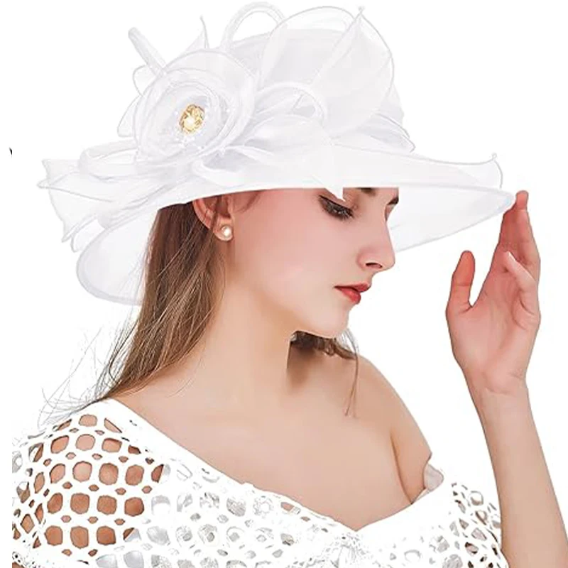 A bow-netting wide-brimmed wedding KY Derby hat suitable for brides church wedding decoration girls summer outing shade