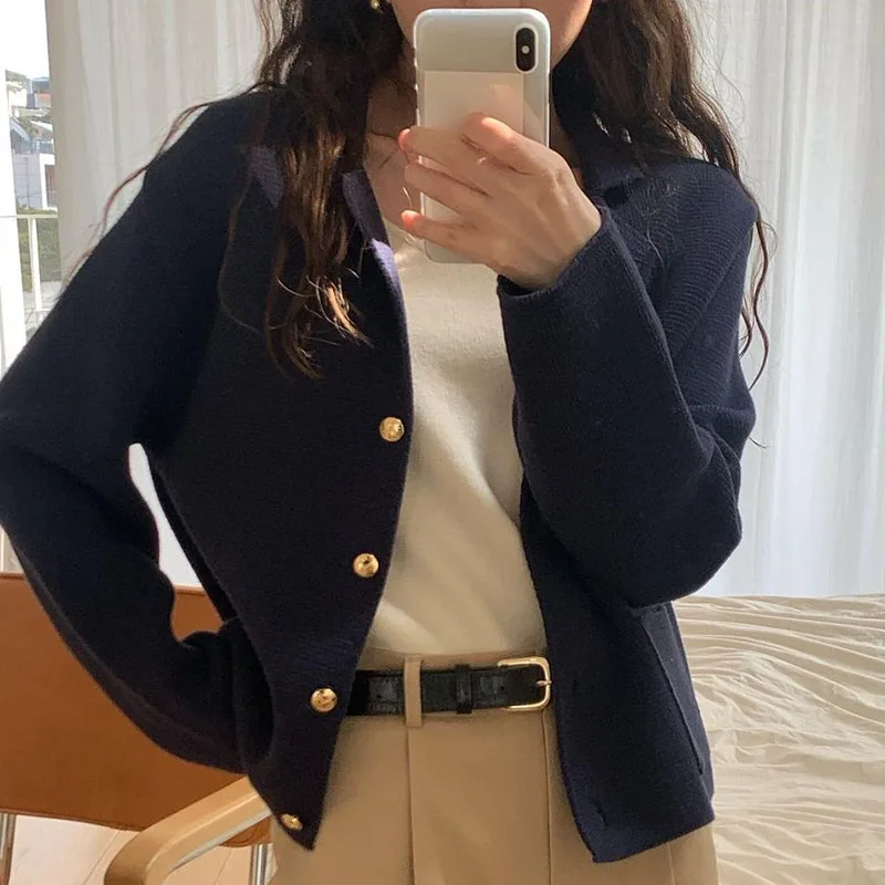 

Chic Simple Sle Long Sve Suit Collar Loose Knitted Sweater with ket Design for ort Women Autumn Faion