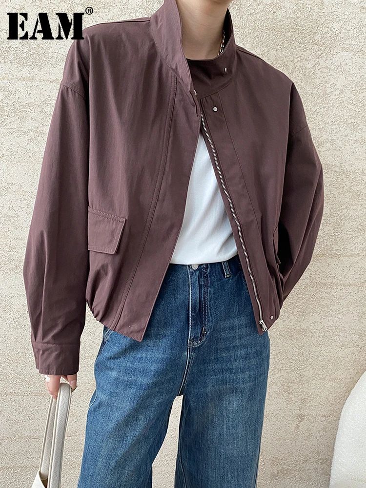

Женская куртка с воротником-стойкой EAM, повседневная кофейная куртка с воротником-стойкой и карманами, большие размеры, весна-осень 2024